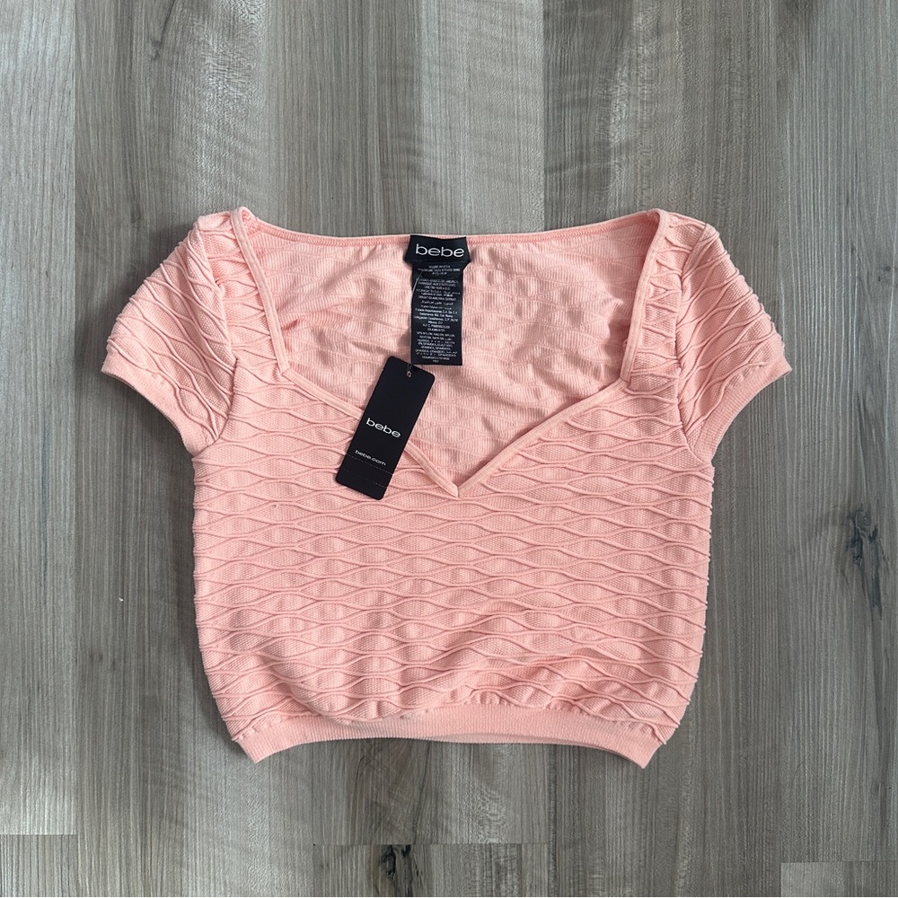 NWT Bebe Pink Short Sleeve V‑Neck Textured Top